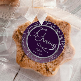 Pegatina Redonda Gracias por el regalo Purple Silver Confetti Graci