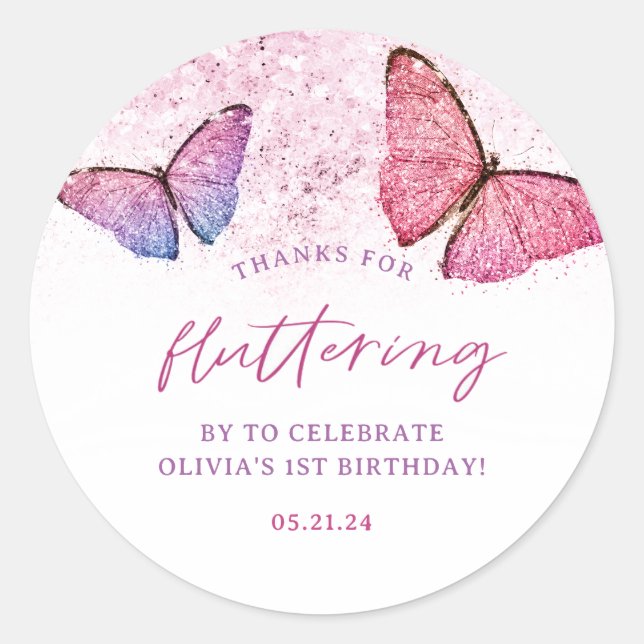 Pegatina Redonda Gracias Por Fluir Por Mariposa Gracias. (Anverso)