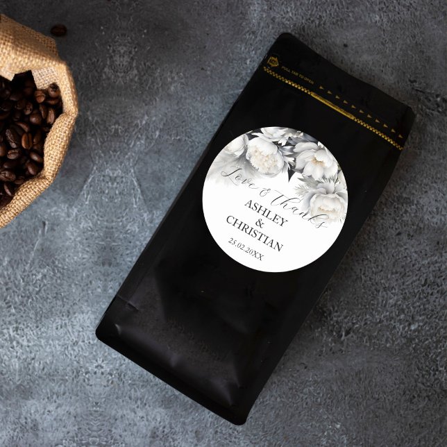 Pegatina Redonda Gracias por la boda de boho blanco y negro (Black and white boho wedding favor thank you sticker bride and groom names favor stickers)