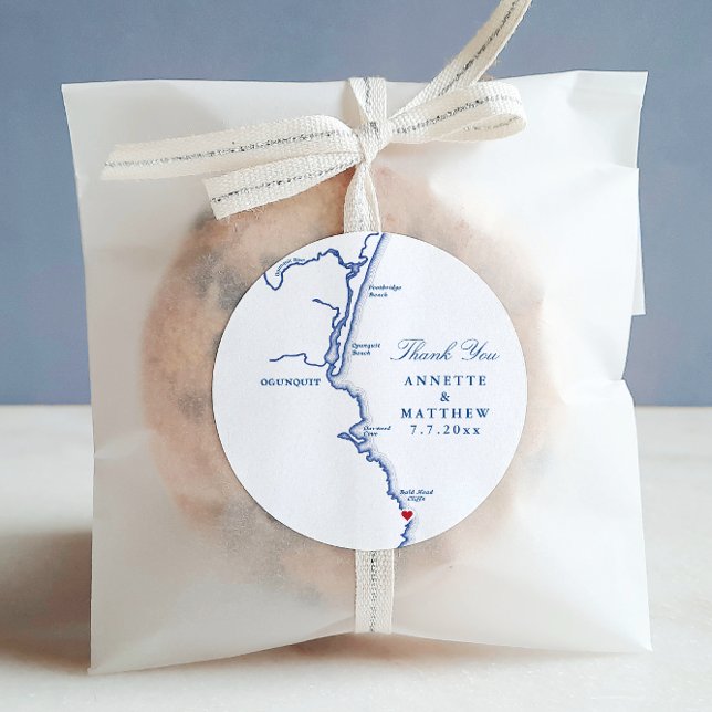 Pegatina Redonda Gracias por la boda principal de Ogunquit Maine (Ogunquit Maine Wedding Favor Thank You Sticker Labels with movable red heart
)