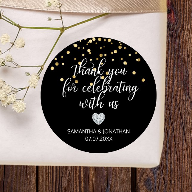 Pegatina Redonda GRACIAS por la celebración del Boda BLACK Gold (THANK YOU for Celebrating BLACK Gold Wedding Classic Round Sticker)