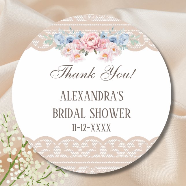 Pegatina Redonda Gracias Por La Ducha Bridal De Lace Azul Rosa Flor (Subido por el creador)