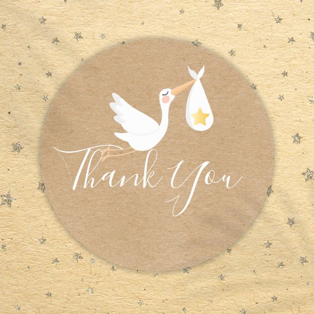 Pegatina Redonda Gracias por la ducha de bebé del Stork Rustic Gold (Rustic Stork Gold Star Baby Shower Thank You Classic Round Sticker)