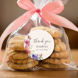 Pegatina Redonda Gracias por la ducha nupcial de acuarela de flores