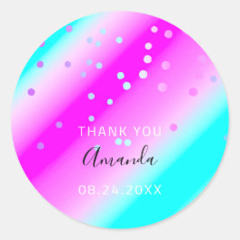Pegatina Redonda Gracias por la fecha azul rosado oceánico confetti