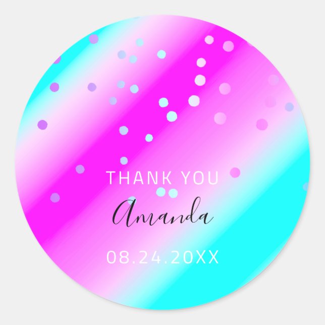 Pegatina Redonda Gracias por la fecha azul rosado oceánico confetti (Anverso)