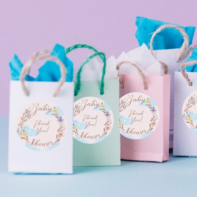 Pegatina Redonda Gracias por la flor wreath Cloud & Stars (Thank You flower wreath Cloud & Stars Classic Round Sticker)