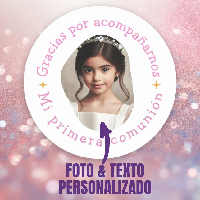 Pegatina Redonda Gracias por la inclusión mi primera comunión foto (Gracias por acompañarnos mi primera comunión foto classic round sticker.)