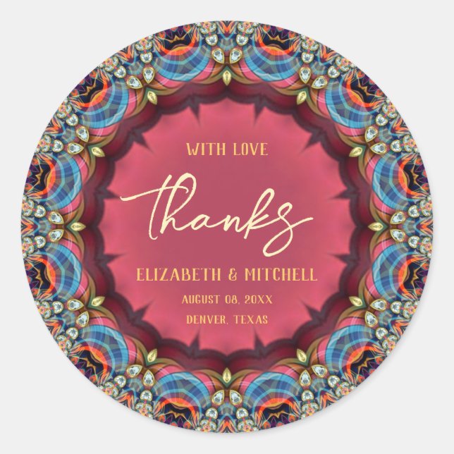 Pegatina Redonda Gracias por la joya fractal de encaje naranja azul (Anverso)
