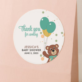 Pegatina Redonda Gracias por llegar a un Baby Shower neutral en cua