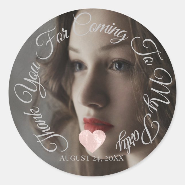 Pegatina Redonda Gracias Por Llegar Fiesta Date Photo Heart (Anverso)