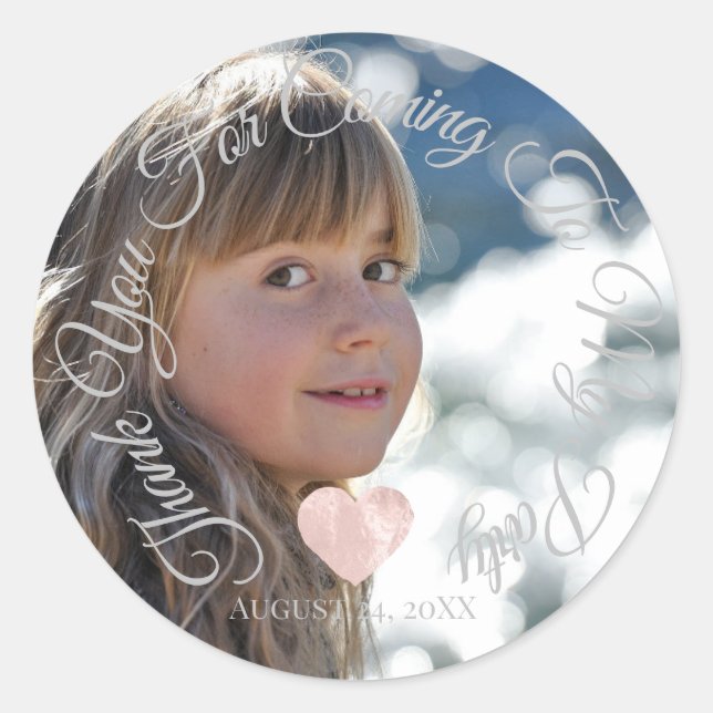 Pegatina Redonda Gracias Por Llegar Fiesta Date Photo Heart (Anverso)