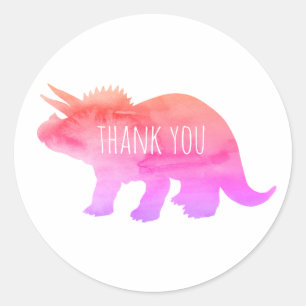 Pegatina Redonda Gracias por los triceratops de dinosaurios rosados