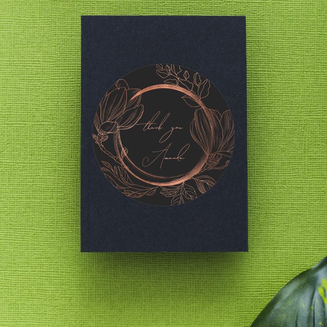 Pegatina Redonda Gracias por nombrar a Floral Copper Black Boda Bri (Thank You Name Floral Copper Black Wedding Bridal Classic Round Sticker)