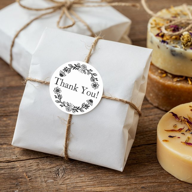 Pegatina Redonda Gracias Por Su Floral De Negocios (Thank You For Your Business Floral Wreath Classic Round Sticker)