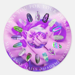 Pegatina Redonda Gracias Por Su Orden Señora Luxe Nails Purple