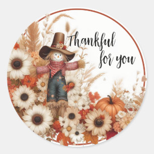 Pegatina Redonda Gracias por ti, Scarecrow y Pumpkins
