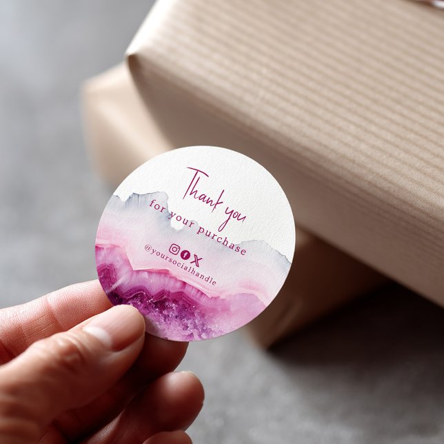 Pegatina Redonda Gracias por tu compra social de aguate rosa profun (Pink agate thank you social media sticker)