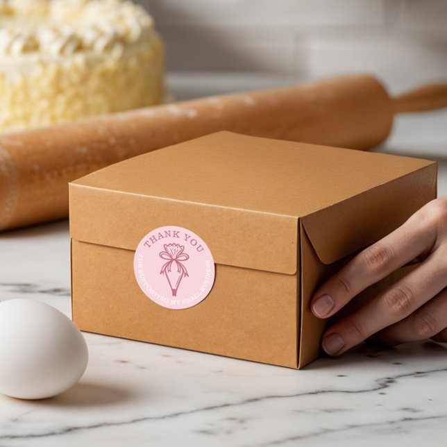 Pegatina Redonda Gracias Por Tu Panadería De Negocios Pastry Bag Pi (Thank You For Your Business Bakery Pastry Bag Pink Classic Round Sticker)