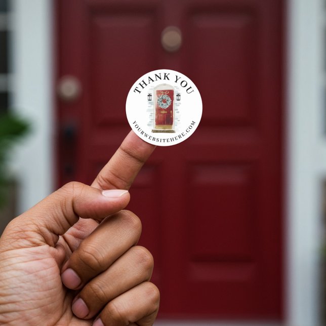 Pegatina Redonda Gracias Por Tu Puerta De Agua Roja De Negocios (Thank You For Your Business Red Watercolor Door Classic Round Sticker)