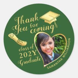 Pegatina Redonda Gracias por venir a graduarse en verde y oro