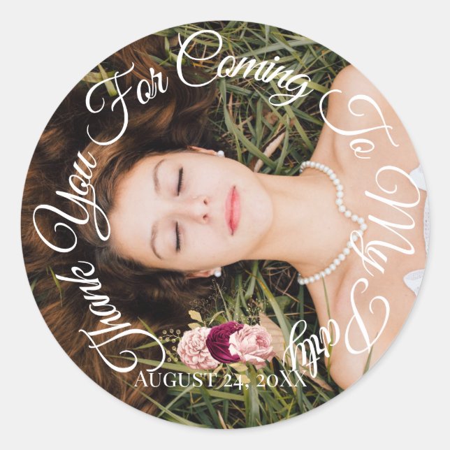 Pegatina Redonda Gracias Por Venir A Mi Fiesta Foto Cumpleaños (Anverso)