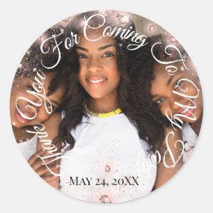 Pegatina Redonda Gracias Por Venir A Mi Fiesta Purpurina De Fotogra