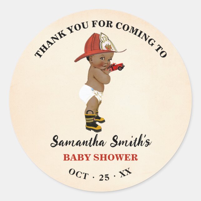 Pegatina Redonda Gracias por venir a un bombero Baby Shower (Anverso)