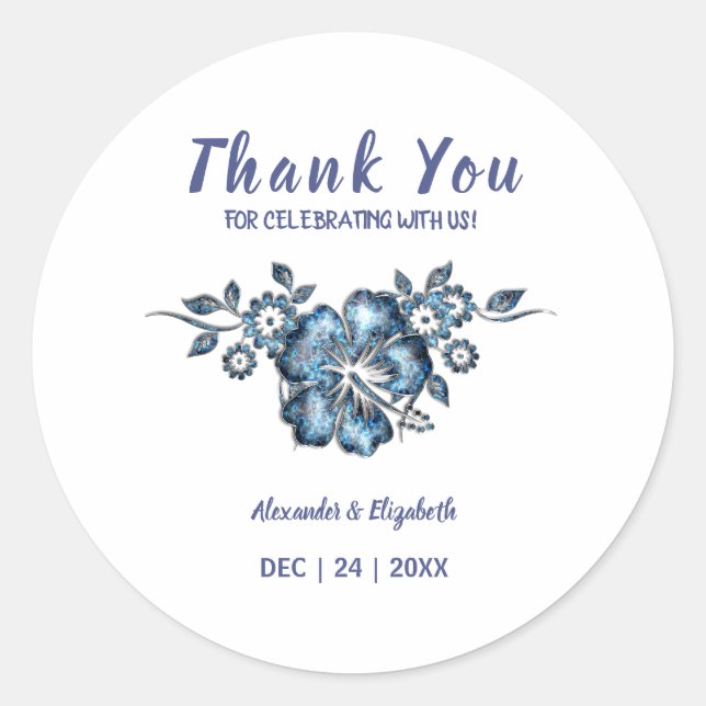 Pegatina Redonda Gracias por venir Boda, flor azul (Anverso)