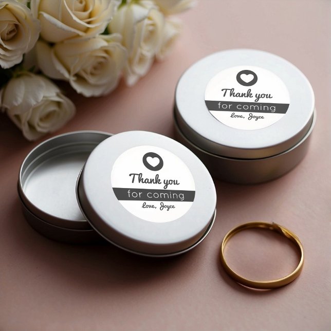 Pegatina Redonda Gracias por Venir Corazón Moderno Blanco y Negro (Thank You Stickers on Favor Tins)