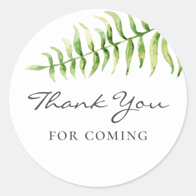 Pegatina Redonda Gracias por venir. Ducha de bebé de helecho acuare (Anverso)