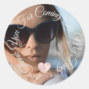 Pegatina Redonda Gracias por venir Fecha de la fiesta Foto Corazón