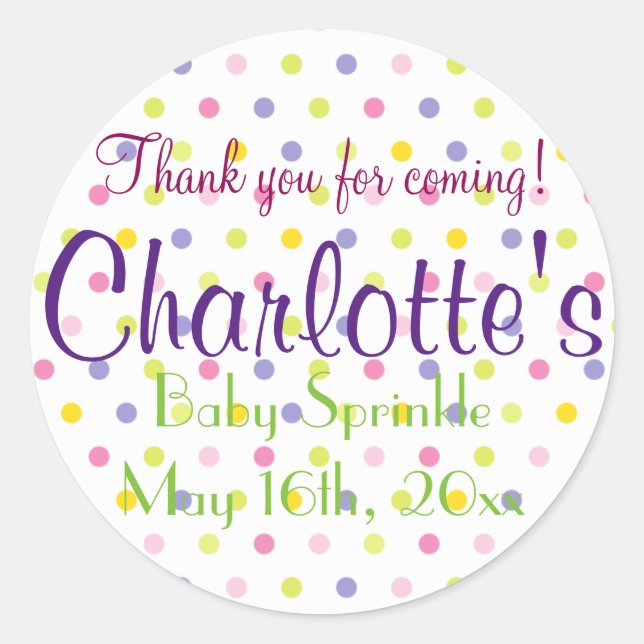 Pegatina Redonda ¡Gracias Por Venir! Polka Dot Baby Sprinkle (Anverso)