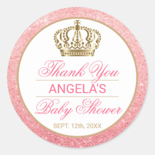 Pegatina Redonda Gracias princesa rosada Gold Crown Baby Shower
