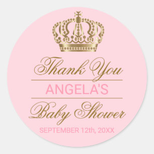 Pegatina Redonda Gracias princesa rosada Gold Crown Baby Shower