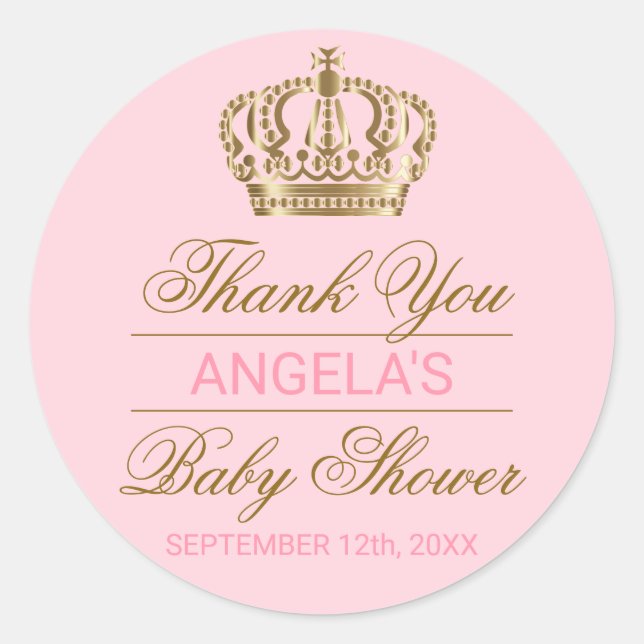 Pegatina Redonda Gracias Princess Gold Crown Baby Shower (Anverso)