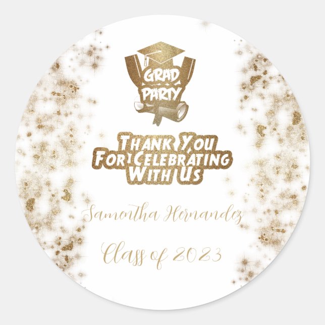 Pegatina Redonda Gracias, Purpurina de oro y fiesta de graduación b (Anverso)