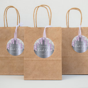 Pegatina Redonda Gracias purpurina de plata pulido cumpleaños