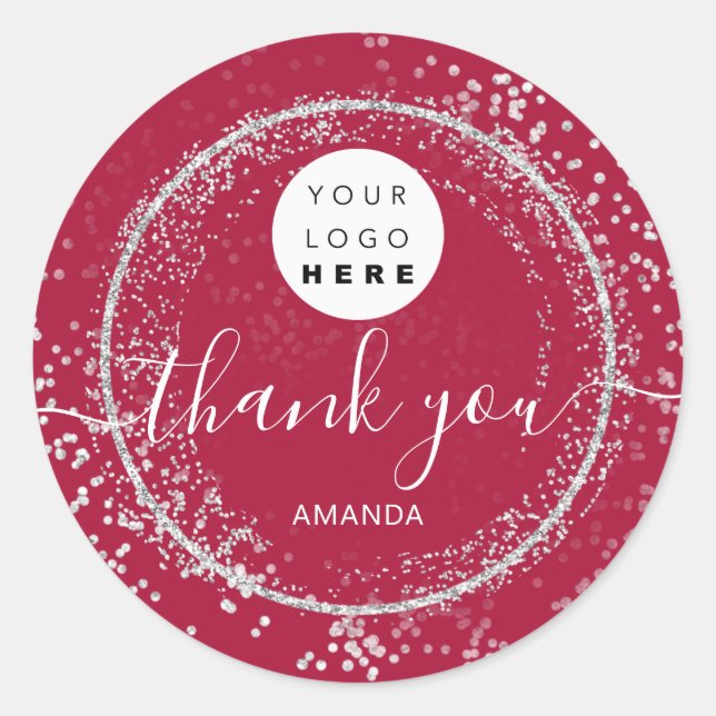 Pegatina Redonda Gracias Purpurina Marco Fram Gris Plateado (Anverso)