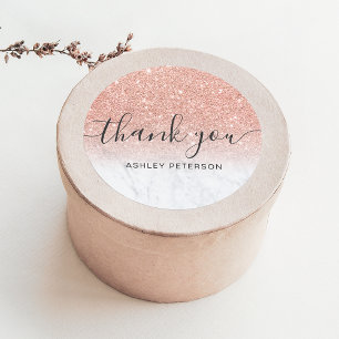 Pegatina Redonda Gracias purpurina oro rosa de mármol de guion