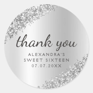 Pegatina Redonda Gracias Purpurina Silver Girly Sweet 16