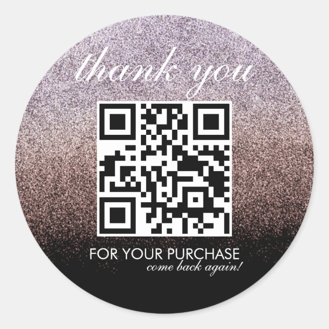 Pegatina Redonda Gracias QR Code Script Purpurina de Faux Rosado (Anverso)