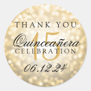 Pegatina Redonda Gracias Quinceanera Birthday Gold Bokeh Lights