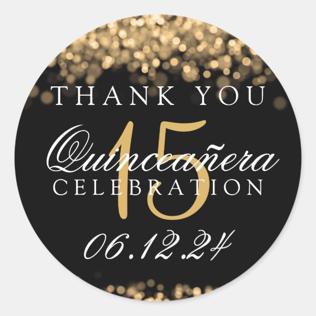 Pegatina Redonda Gracias Quinceanera Birthday Party Gold Lights (Anverso)
