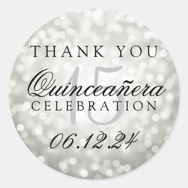 Pegatina Redonda Gracias Quinceanera Birthday Silver Bokeh Lights (Anverso)
