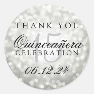Pegatina Redonda Gracias Quinceanera Birthday Silver Bokeh Lights