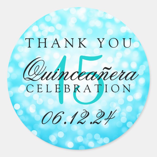Pegatina Redonda Gracias Quinceanera Turquoise Bokeh Lights (Anverso)