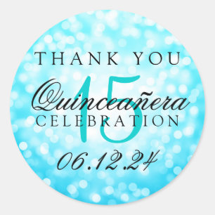 Pegatina Redonda Gracias Quinceanera Turquoise Bokeh Lights
