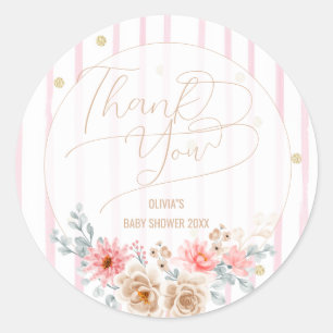 Pegatina Redonda Gracias Rayas rosadas Chica Baby shower