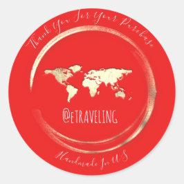Pegatina Redonda Gracias Red Gold World Map Travelling Globe
